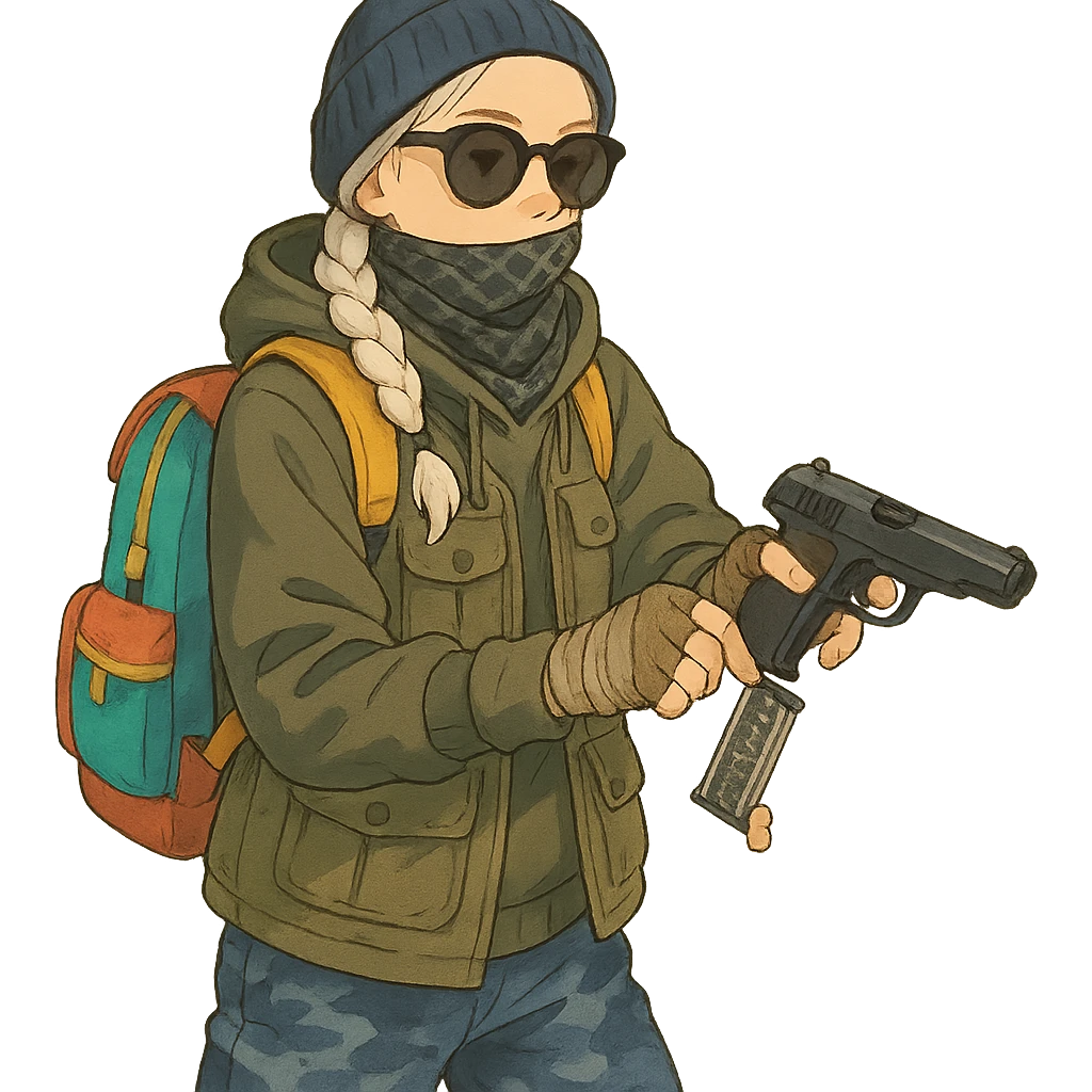 1 female, long white braid, knit cap, dark sunglasses, shemegh neckwrap, fishing vest, vibrant shool backpack, drab hoodie, handwraps, blue camo pants, executing a tactical reload of a makarov pistola emoji