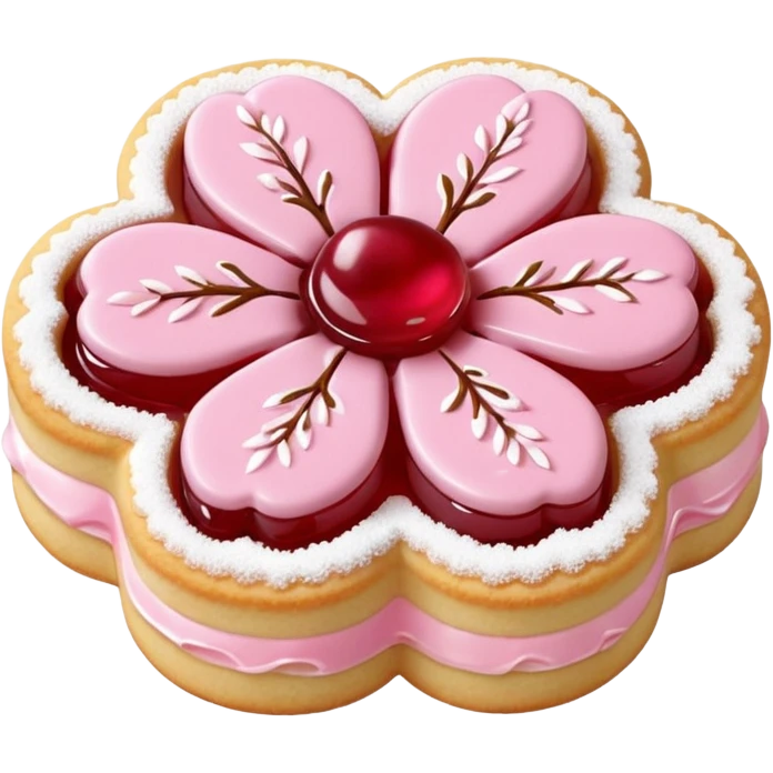 Realistic shortbread cookie in the shape of a cherry blossom with pale pink color jelly middle filling and sprinkled powder sugar on top. emoji