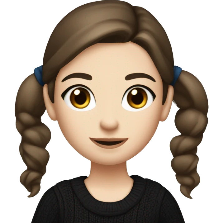 caucasian white IT girl student, holding laptop, blue eyes, dark brown hair ponytail wearing a thick black sweater emoji