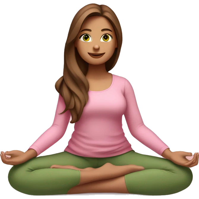 A girl with brown long hair, fair skin and green eyes is meditating in a relaxed lotus position in a comfortable pink top and pink leggings emoji