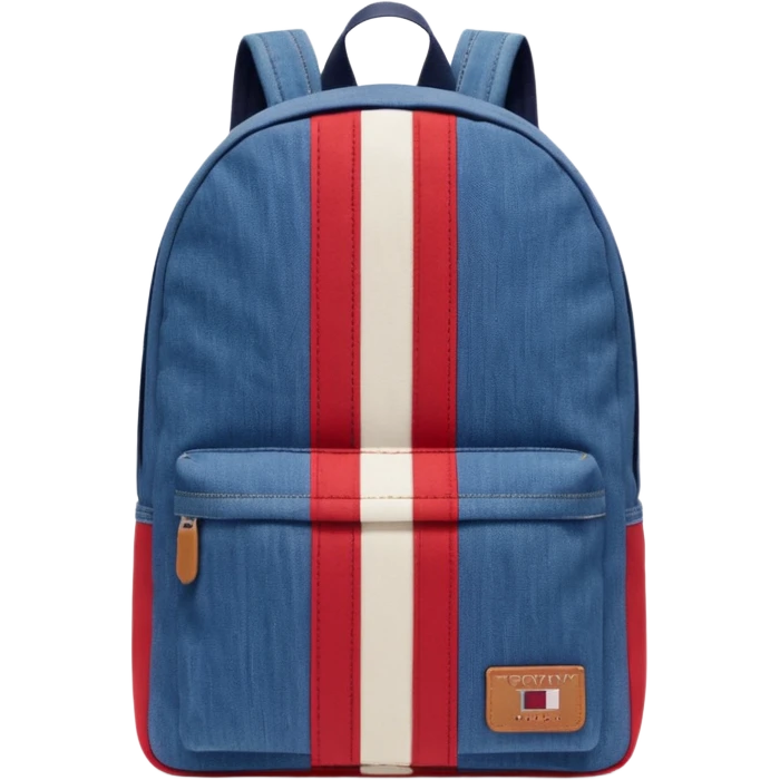 denim backpack with bold red, white, and navy vertical stripes, minimal and flat design, front view, inspired by Tommy Jeans style."
 emoji