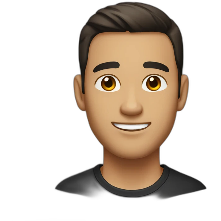 man with short dark brown hair on forehead with brown eyes smiling black shirt light skin emoji