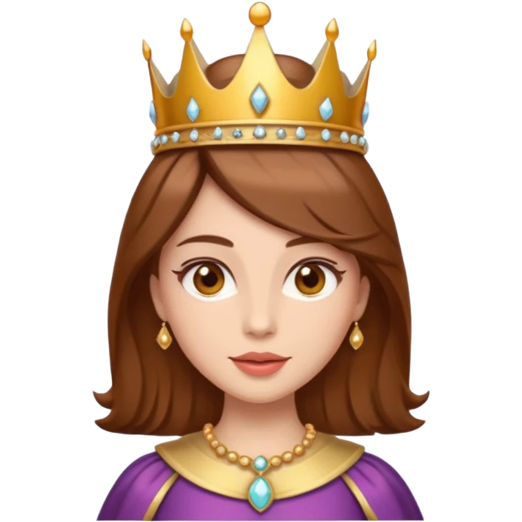 vull un perosnatge estil bimoji que sigui una figura radiante y serena. Se la describe como hermosa y deseable. Cabello castaño y labios carnosos y de un color meocoton, ojos color miel y una vestimenta digna de la realeza, sin olvidar su corona emoji