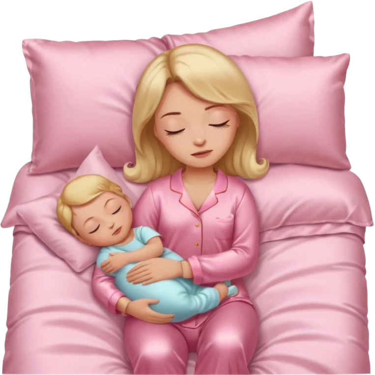 Mulher dormindo de pijama na sua cama de cetim rosa bebê emoji