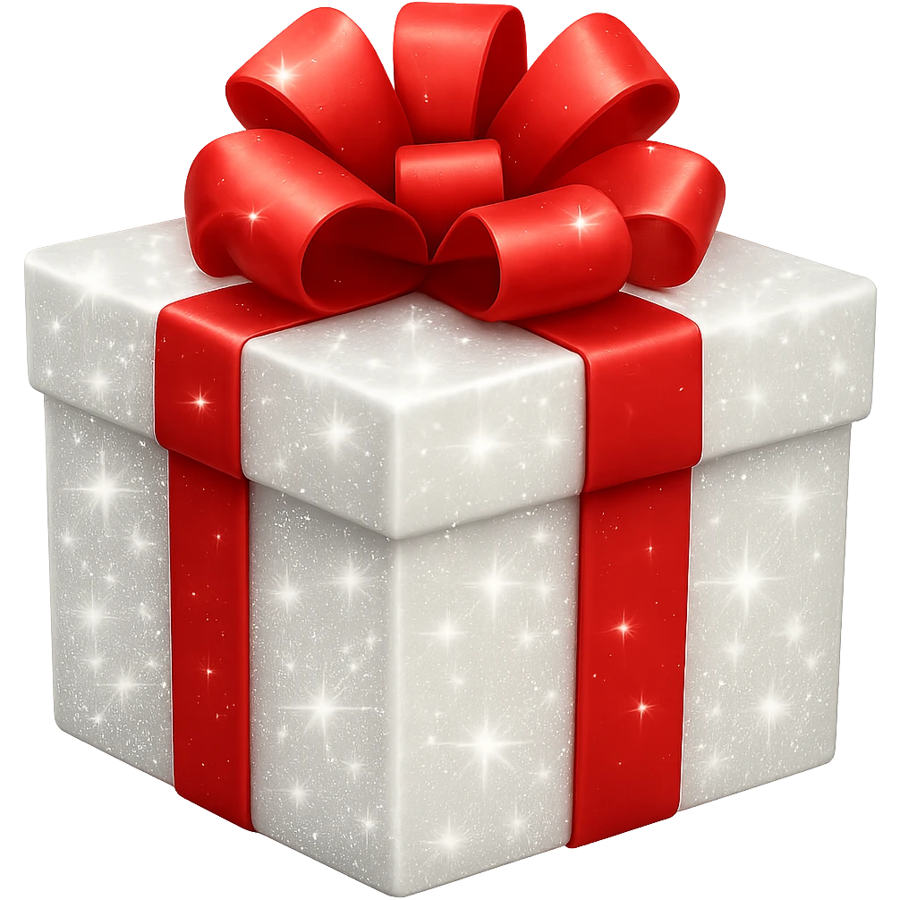 Add sparkles to the white wrapped present. Keep the background transparent. The style is a white wrapped present with a transparent background. emoji