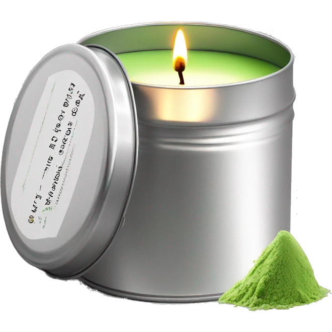 pretty matcha scented candle in silver tin with label realistic emoji