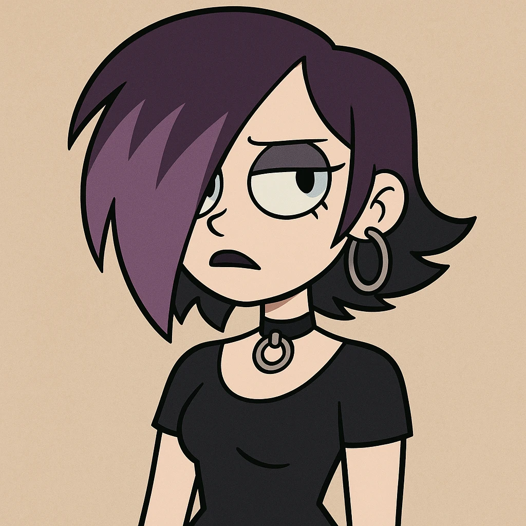 goth girl with purple asymmetrical hair, blue eyes, pale skin, cartoon style emoji