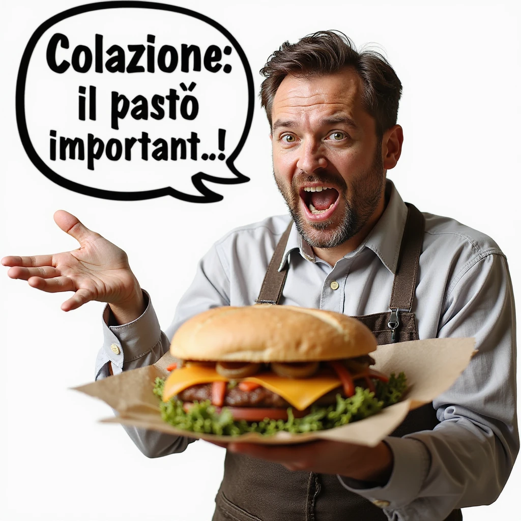 hyperrealistic 4K man isolated on white background with a speech bubble saying 'Colazione: il pasto più importante!', enthusiastic expression, realistic details emoji