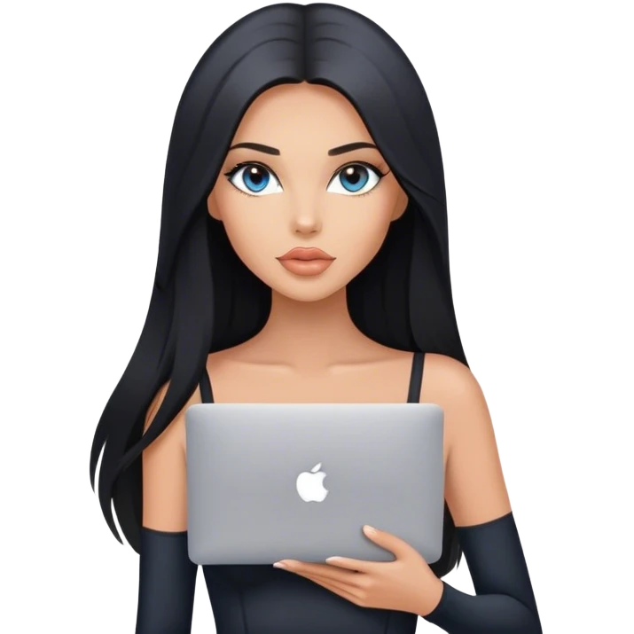 Glamours tanned very beautiful girl with pump peach nude lips and black straight smooth long hair, blue-grey eyes in black bodysuit with MacBook emoji