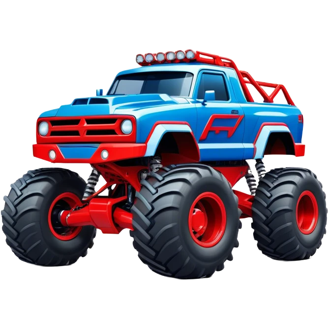 Avenger - Monster Jam (Model Year: 2021) (Iconic colour: Blue and red) - A dynamic monster truck with a split-color scheme: predominantly blue accented by bold red elements. Focus on strong, angular lines and vivid contrasting colors that evoke high energy and a futuristic, rebellious style. emoji