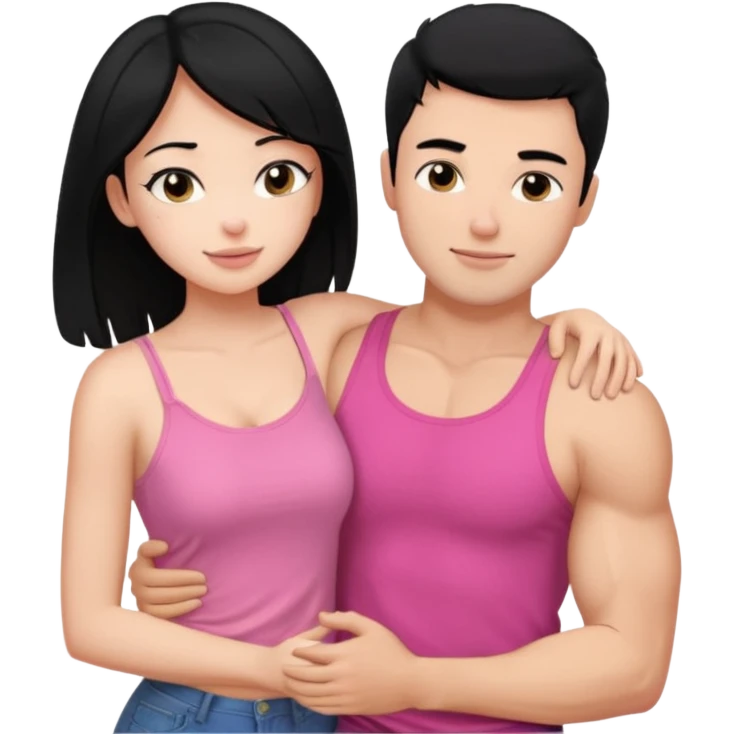 a pretty bratz fair girl. black hair, wearing a pink cami top hugging a handsome fair guy with black hair. lean but muscular who is wearing a black tee emoji