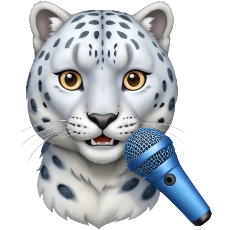 realistic snow leopard head speaking into a blue microphone emoji