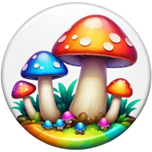 A round psychedelic colored button with bezeled edges and rainbow colored mushrooms emoji
