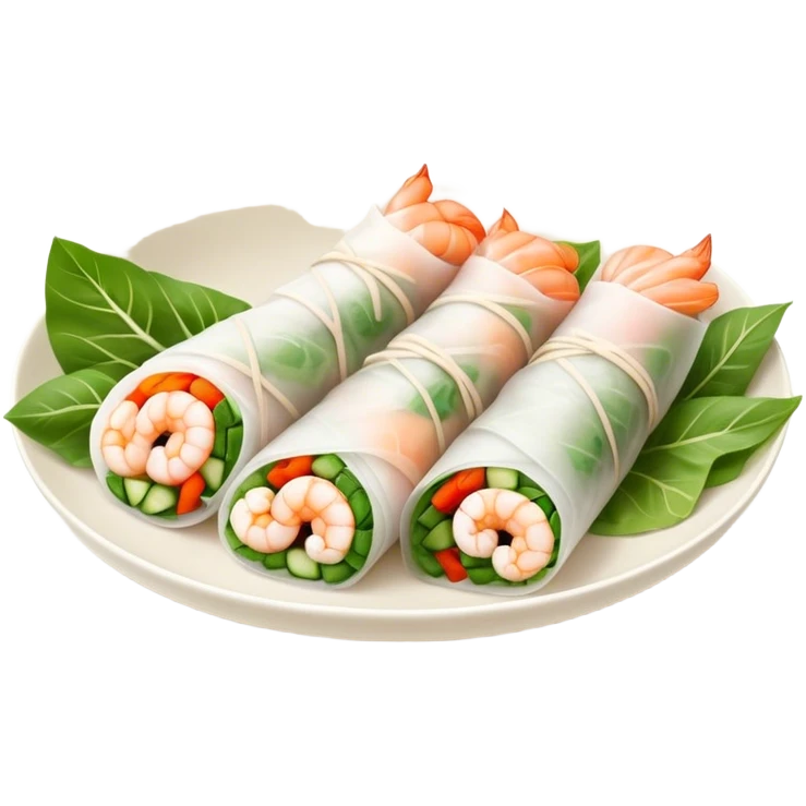 Cinematic Realistic Vietnamese Summer Rolls Dish Emoji, depicted with delicate rice paper wraps filled with fresh vegetables and shrimp rendered with crisp textures and refreshing lighting. emoji