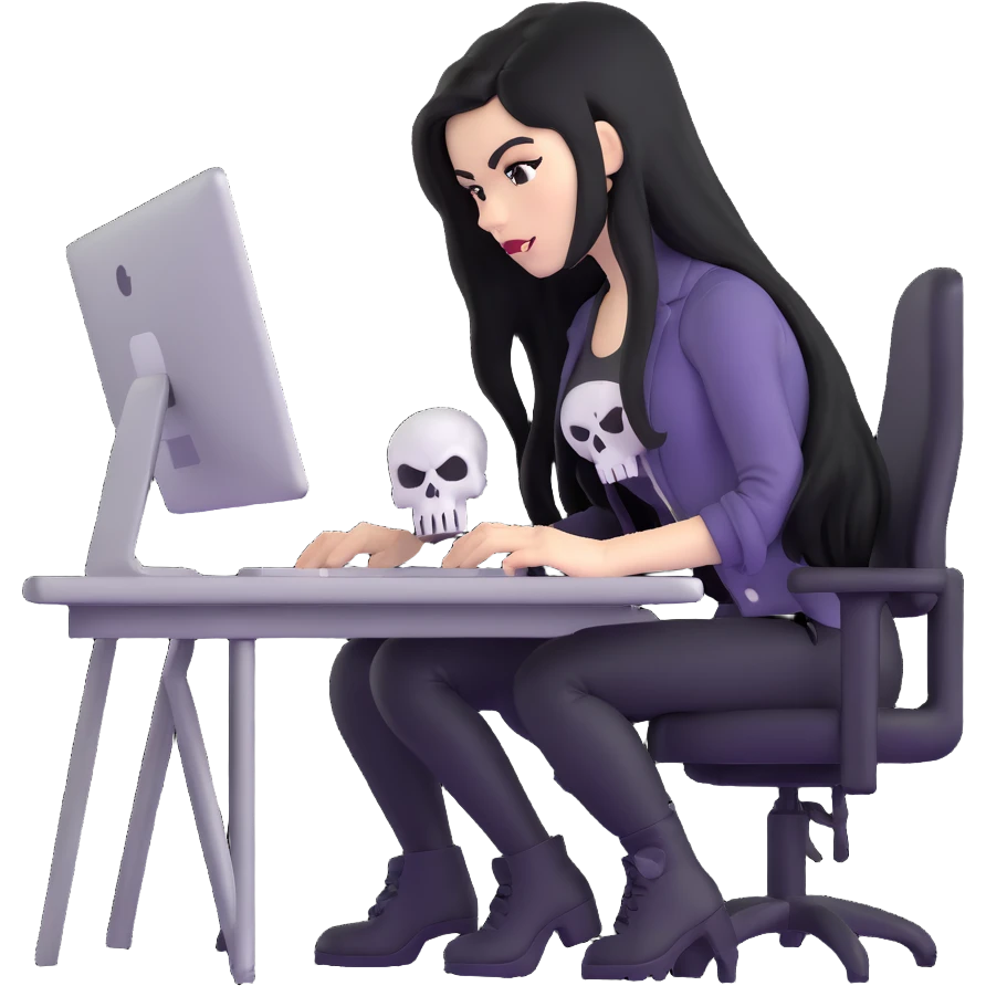 female Punisher skull character with long black hair working on computer emoji