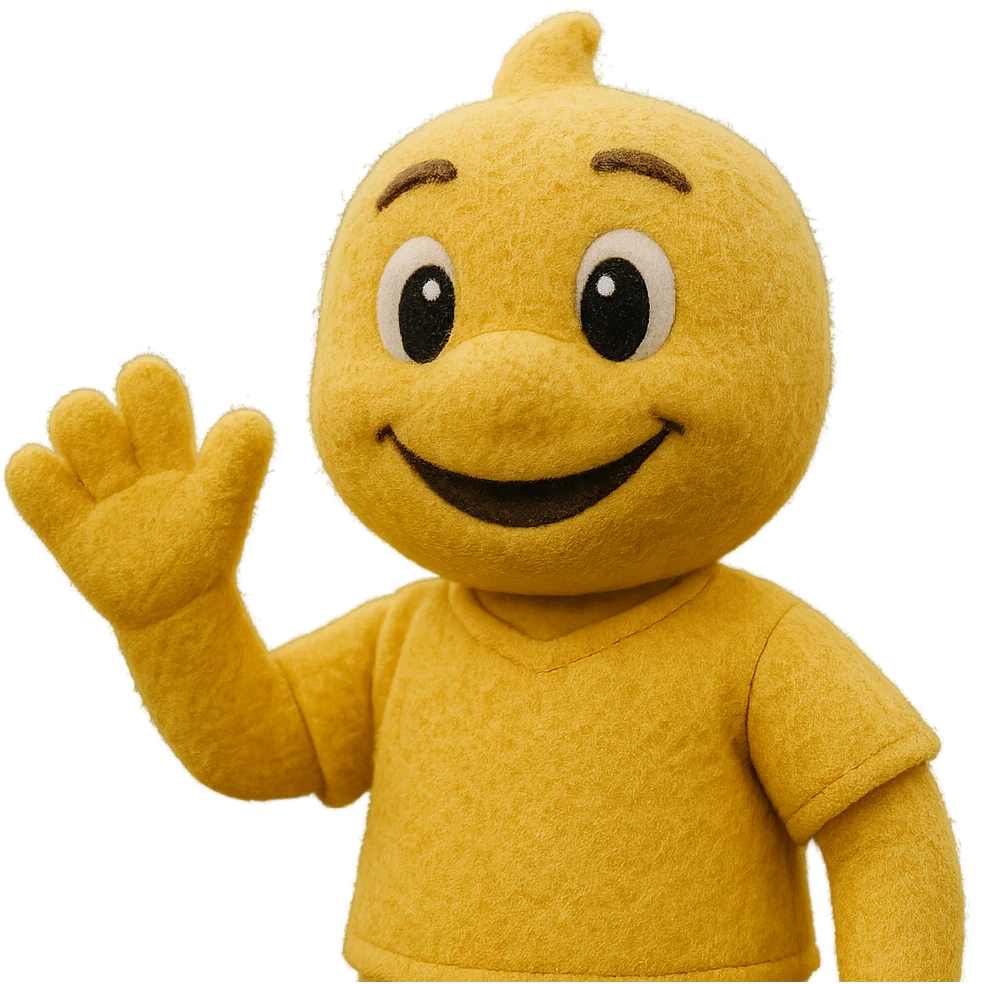 yellow athletic mascot with soft fuzzy texture and big eyes, fun and engaging, waving cheerfully emoji