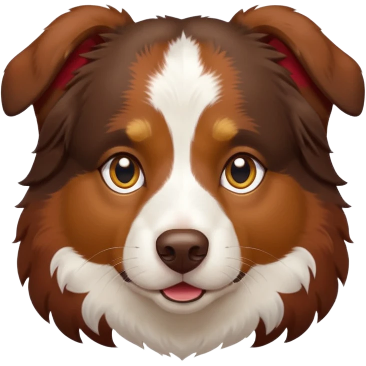 A tri color Australian shepherd with a chocolate brown base coat, red/gold fur on his eyebrows and snout/cheeks, a white chest, and gold eyes. No white fur on his face, only brown and gold. emoji