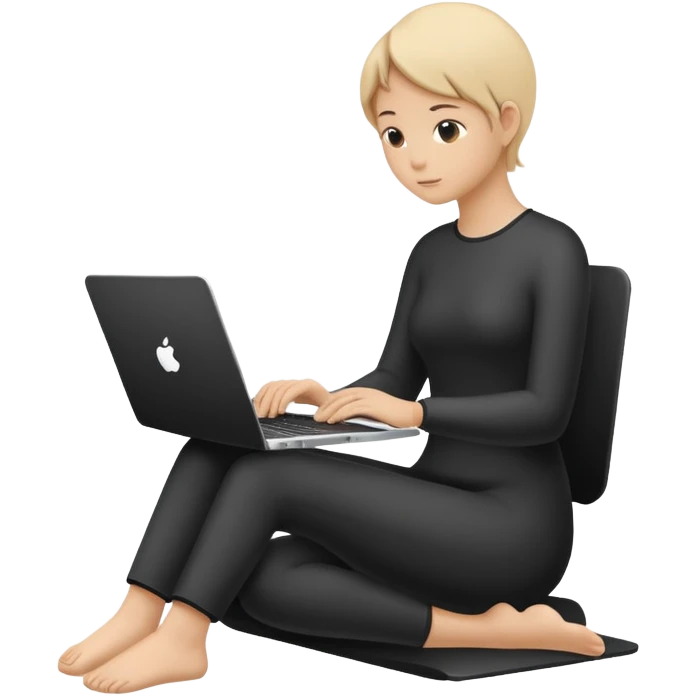 Minimalistic flat vector icon, iOS style, thin black contour on white background. Person silhouette sitting with a laptop, code brackets <> on the screen. Clean, no te emoji