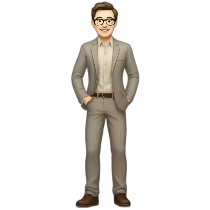 Joyful Full height Pale skinned Fit Man With dark brown hair in gray jacket, beige office shirt, Brown pants and vintage glasses. His thrumbs up emoji