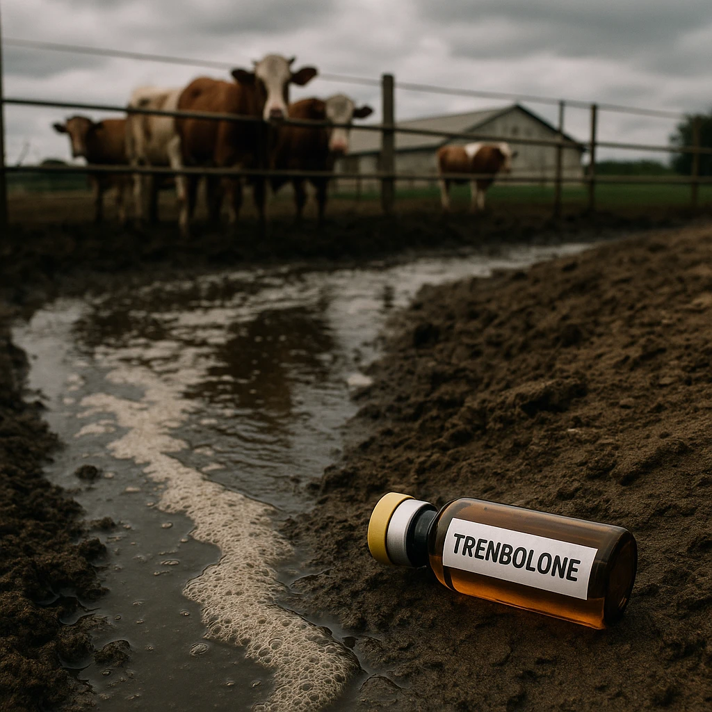 realistic image showing wastewater from a cattle farm with a vial or label 'Trenbolone' visible near the water, rural environment, serious atmosphere, realistic details emoji