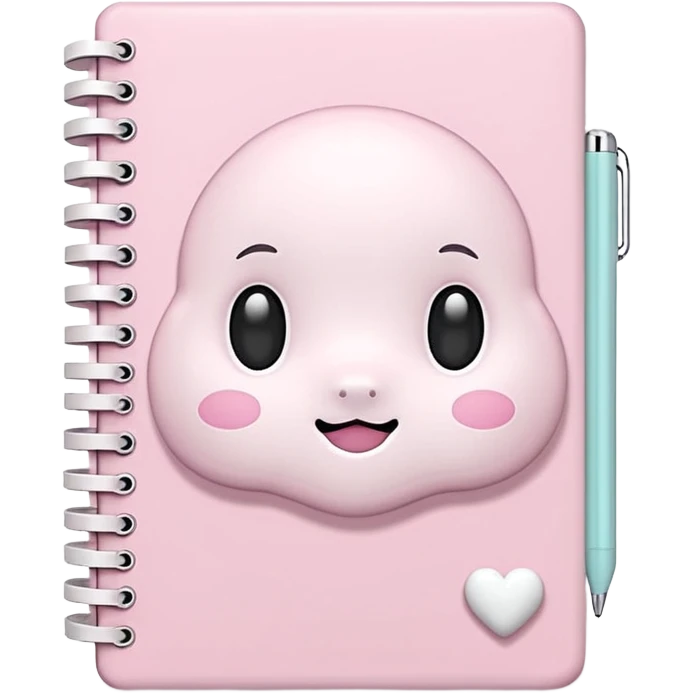 Pastel pink kawaii 3D notebook, soft shadows, cute white details, glossy finish emoji