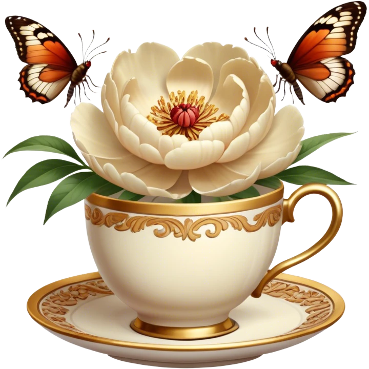Soft beige peonies bloom beside an ornate gold coffee cup, while butterflies with cinnamon and brick-red wings flutter gently. Warm, vintage light enhances the scene. emoji