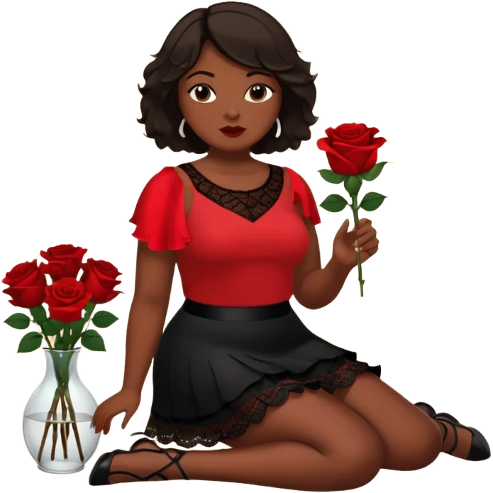 A plus-size black woman with short, straight, dark brown hair is wearing a red sleeveless shirt and a black lace ruffled skirt. She is holding a rose and sitting on the floor with her legs crossed. On the floor is a glass vase with red roses. emoji