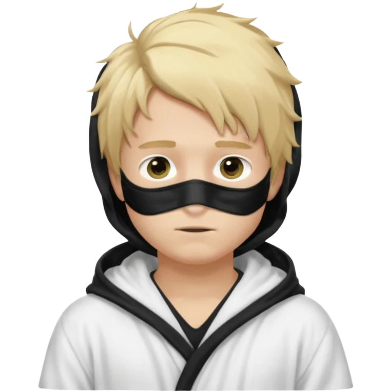 Create a blond boy with long, messy hair, light eyes, a white t-shirt, rich, with long hair, blue eyes, medium-length, voluminous hair, wearing a black Nike bathrobe and a little blush near his nose. and with a balaclava, type bandit balaclava covering the whole face[ emoji