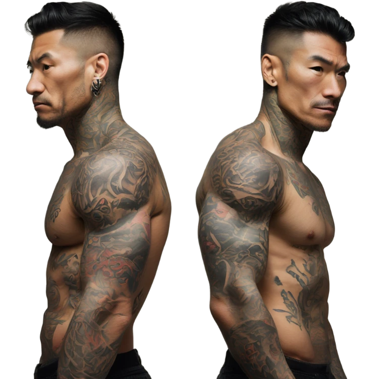 muscular male flexing tattooed chest with dragon tattoo on the chest and yakuza tattos on arms emoji