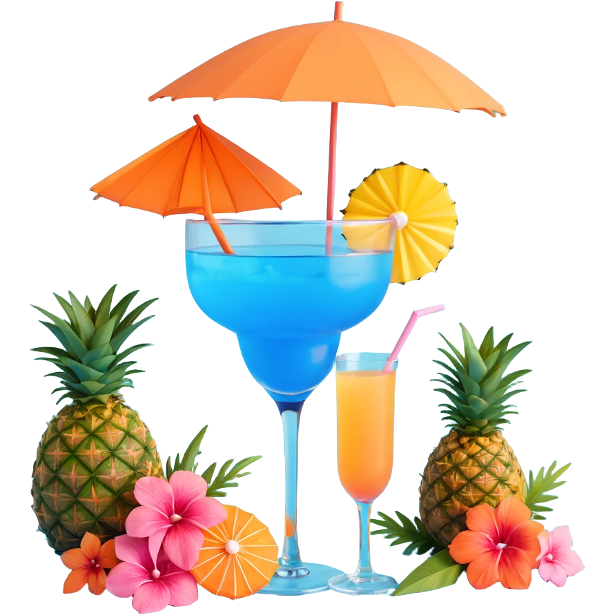 blue tropical cocktail with hibiscus, pineapple, and tiny pastel paper umbrella garnishes emoji