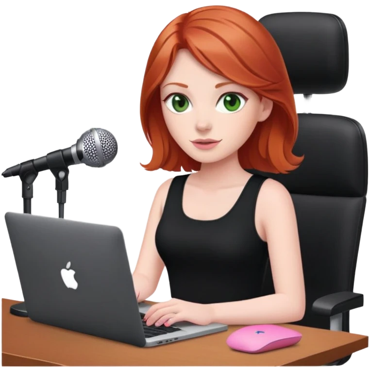 Redhead with green eyes sat at desk with pink MacBook and  podcast microphone black top and pink chair  emoji