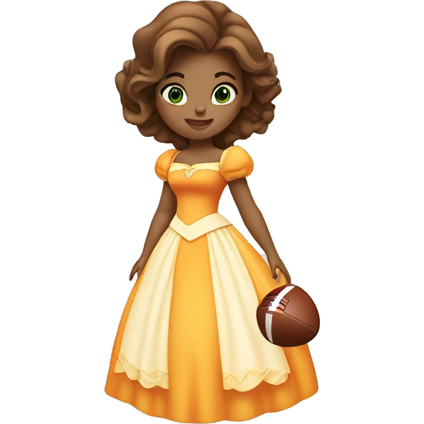 White Disney princess Belle with green eyes in orange and white dress holding a football emoji