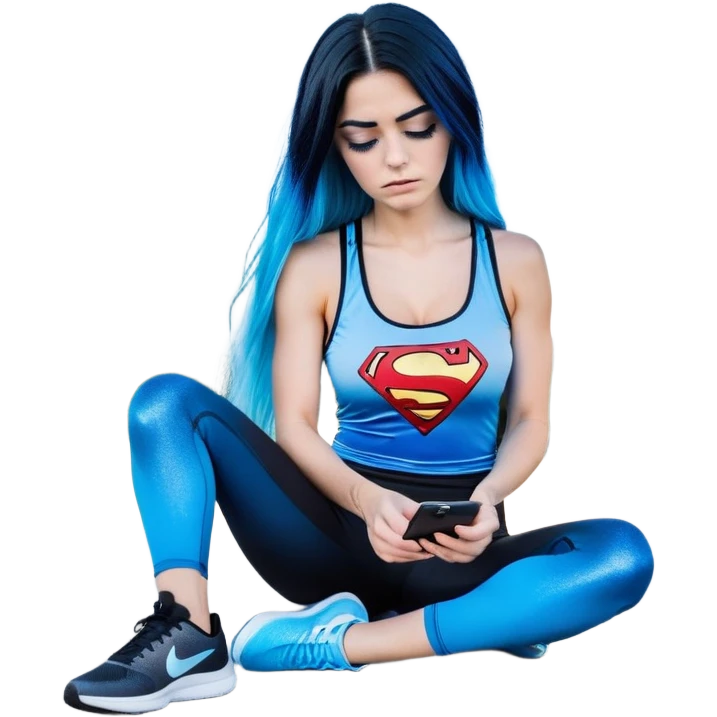 Shameful disappointed crying-very very very very big chest-texting on a samsung cell phone-very long straight flowing black to sky blue hair ombre-blue eyes-black eyeliner-long eyelashes-plastic sparkling sky blue very low cut tank top with sparkling superman logo-black leggings-nike sneakers emoji