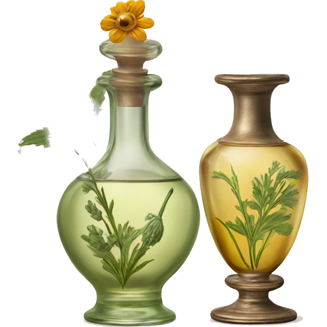 Antique oil perfume bottles with herbal and flowers emoji