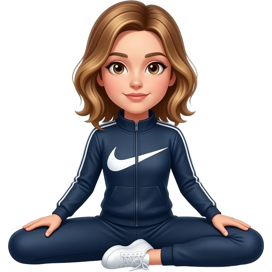 Light brown hair with highlights, wearing Nike track suit doing, with thinner and longer face doing the splits in a gif image moving emoji