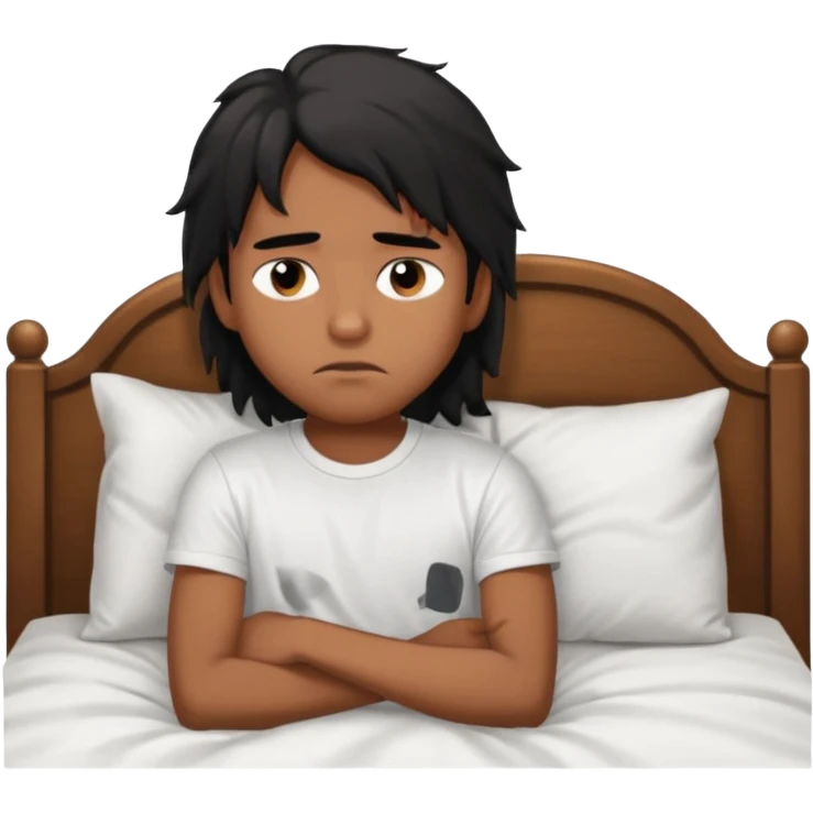 generate a pretty bratz brown skinned boy with black messy long hair wearing a white tshirt sitting in his in bed. Looking sleepy emoji
