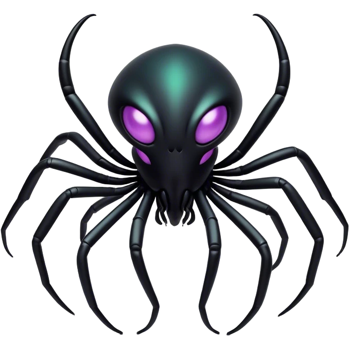 Clash of Clans aesthetic: Cinematic fierce arachnid Alien Emoji, rendered in a 3D vector-style similar to standard emojis with minimal shading and bold, simplified shapes. A compact, isometric, otherworldly creature with insectoid, organic details and subtle, eerie tentacles, softly glowing with a sinister alien charm. Simplified yet unmistakably iconic, highly detailed and consistent, glowing with a soft, spectral radiance and high shine. Stylized with a touch of bio-engineered mischief and a soft glowing outline, capturing the essence of a fearsome extraterrestrial menace with a playful twist! emoji