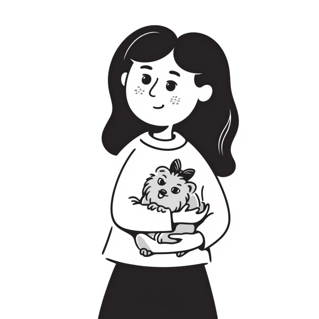 11 year old girl with freckles and long wavy brown hair, holding a teacup yorkie dog emoji