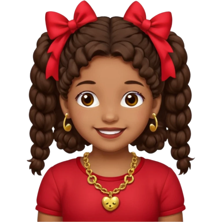 Brownskin girl dark brown hair fluffy. pigtails with red bows brown eyes smiling closed mouth red shirt gold esrrings gold necklace emoji