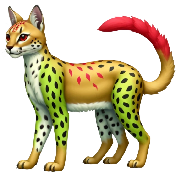 Colorful tropical exotic fruity kiwi-green lemony rosy neon-red Caracal-Cheetah-Serval-Snow-Leopard-Trico-Sergal-Vernid-fusion-hybrid-animal-creature, full body, with tribal markings emoji