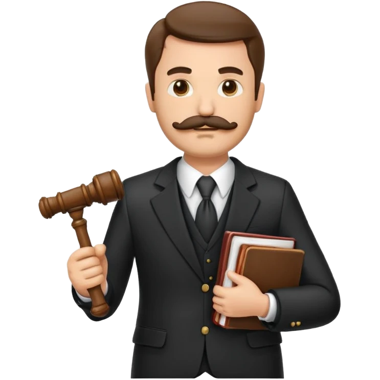 “Create a clean, modern emoji-style illustration of a male lawyer. He is wearing a formal suit jacket. He is holding a judge’s gavel in one hand and has a law book tucked under his arm. He has a mustache and beard! emoji