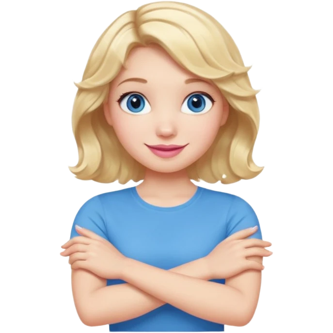 Girl Blonde short wavy hair,  blue eyes, cute blue top, long lashes, pink lips, smiling, making cross arms with arms  emoji