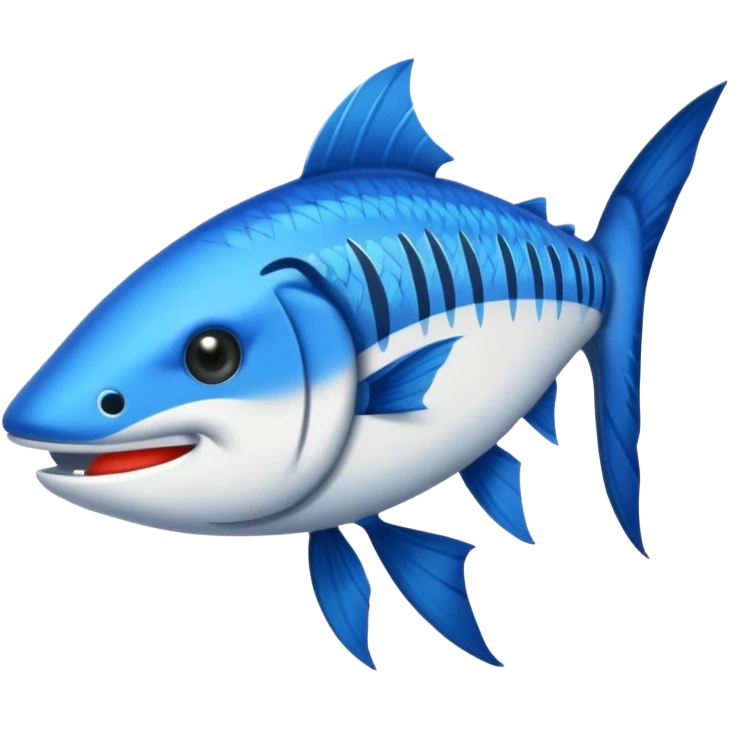 Emoji de poisson barracuda stylisé, dessin cartoon, bleu avec lettres ‘BARRACUDA’ dans le corps, expression féroce.” emoji