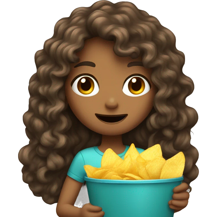 A long curly brown hair girl eating chips emoji