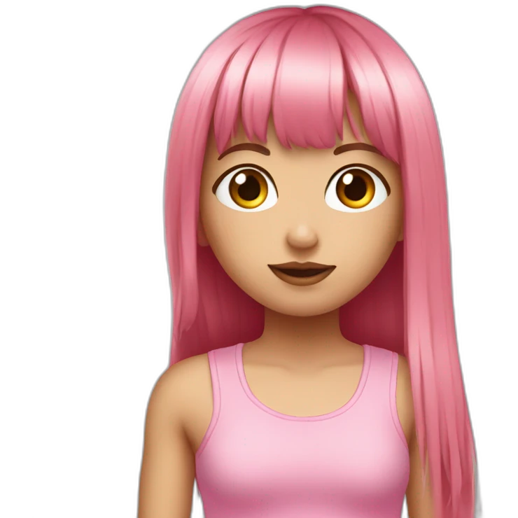 cute girl with long, straight rose hair with fringe and holding camera and wearing pink tank top emoji