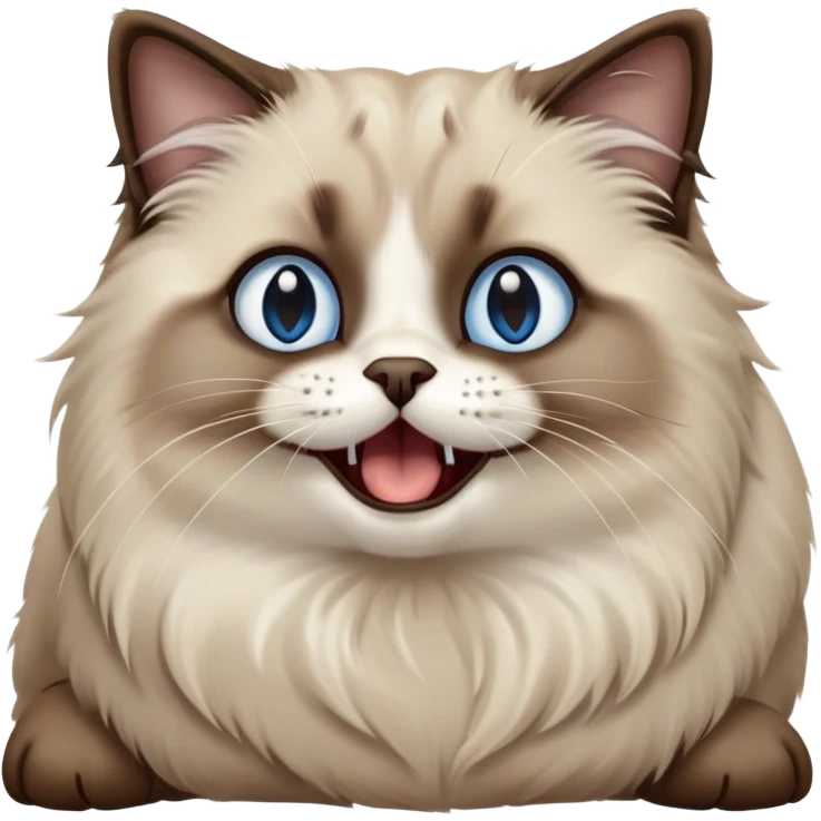 Cinematic Adorable Fluffy Brown Seal Ragdoll Cat Portrait Emoji, Head tilted cutely with big, sparkling blue eyes, soft brown seal-colored fur with darker points on the ears, face, and paws, Simplified yet irresistibly adorable features, highly detailed, glowing with a soft, warm glow, high shine, yawning in a peaceful and playful manner, stylized with a touch of whimsy, bright and endearing, soft glowing outline, capturing the essence of a relaxed and loving kitten, so cute it feels like it could leap out of the screen and stretch into a cozy nap! emoji