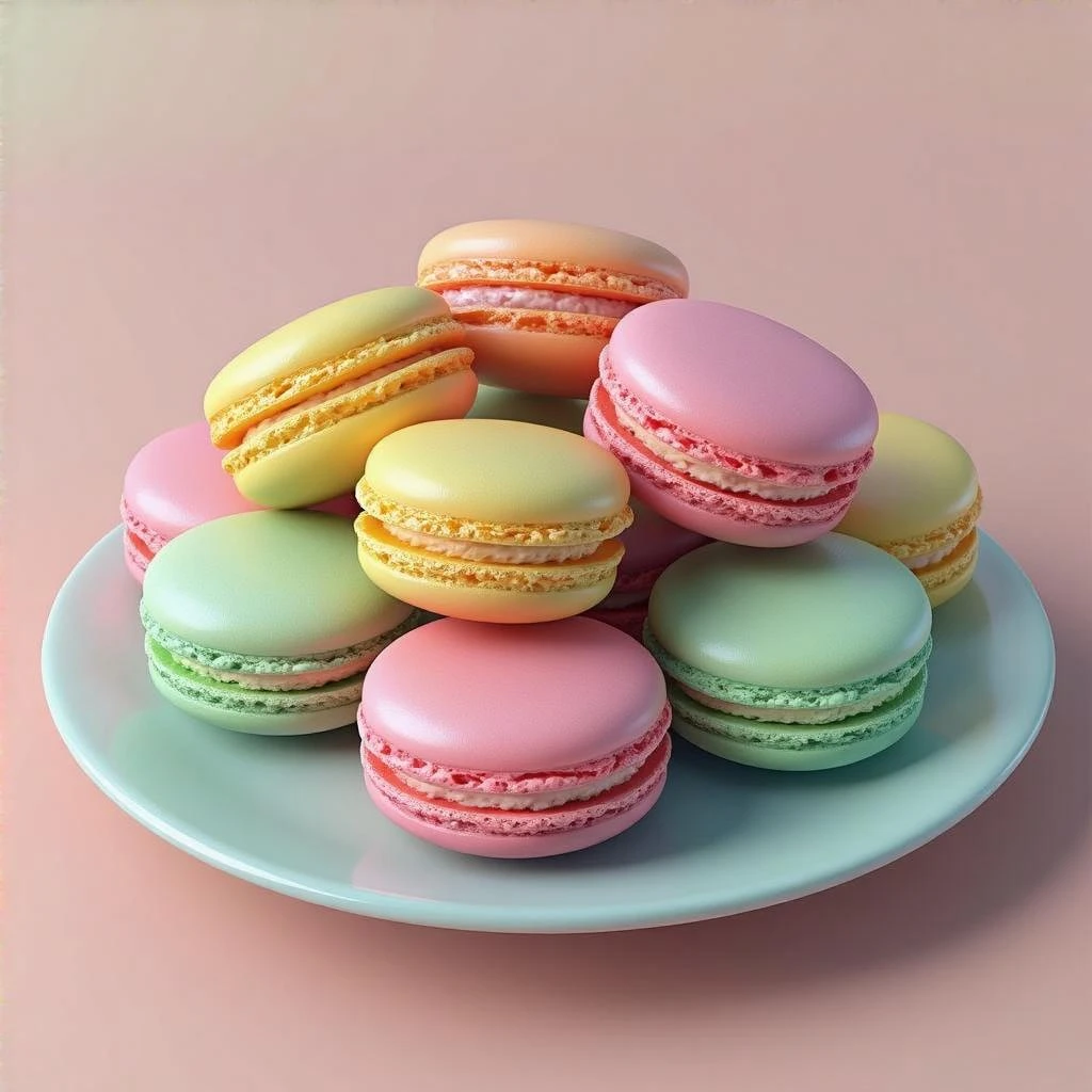 3D model of colorful macarons arranged on a plate, smooth realistic textures, vibrant pastel colors, matching reference image, iOS 18 style emoji