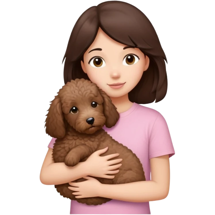 One girl with medium long dark brown hair dressing baby pink T-shirt, hugging One little brown coated labradoodle. emoji
