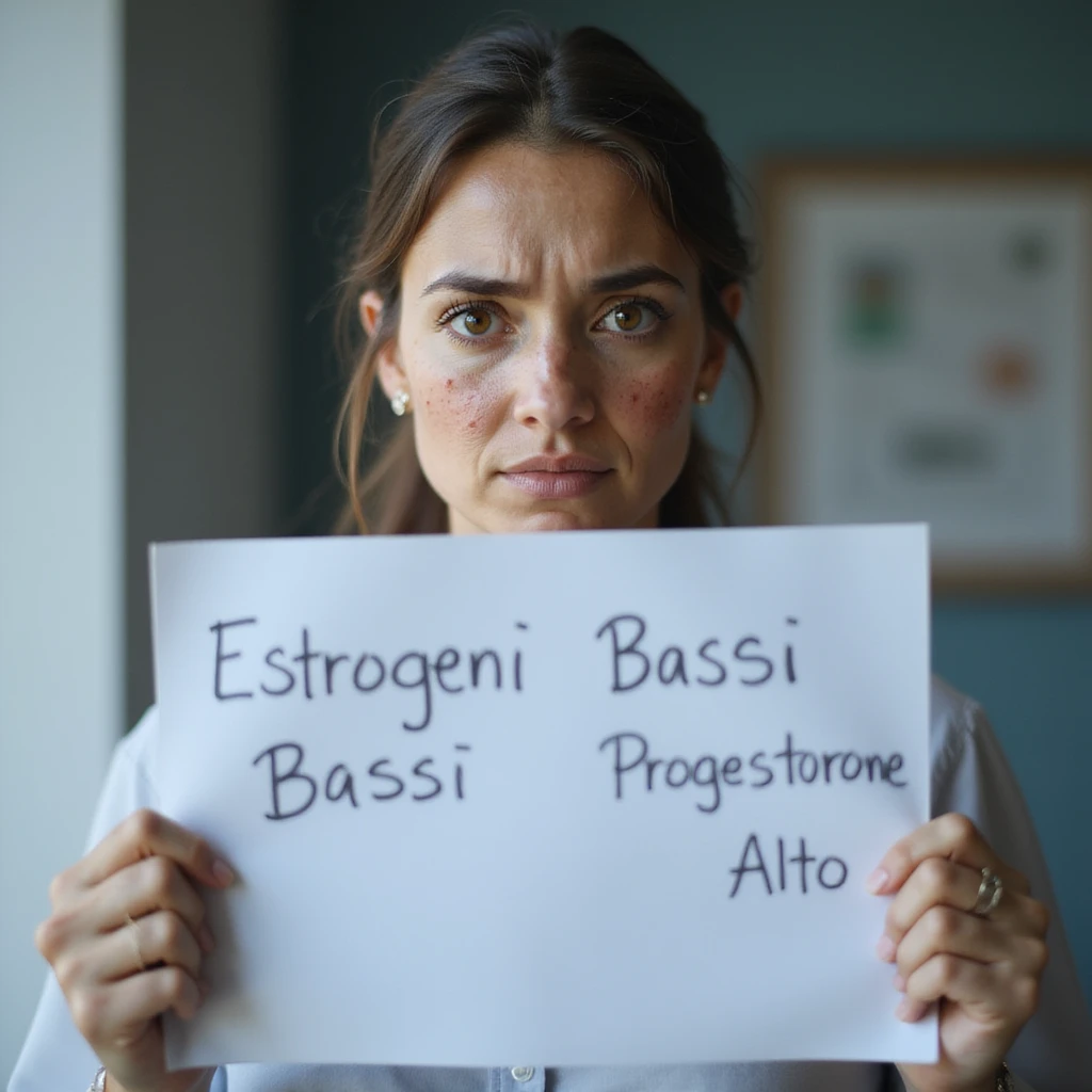 hyperrealistic 4K image of a woman with hormonal imbalance, face with acne, holding a medical report with clearly visible text 'Estrogeni Bassi' and 'Progesterone Alto', worried expression, clinical environment emoji