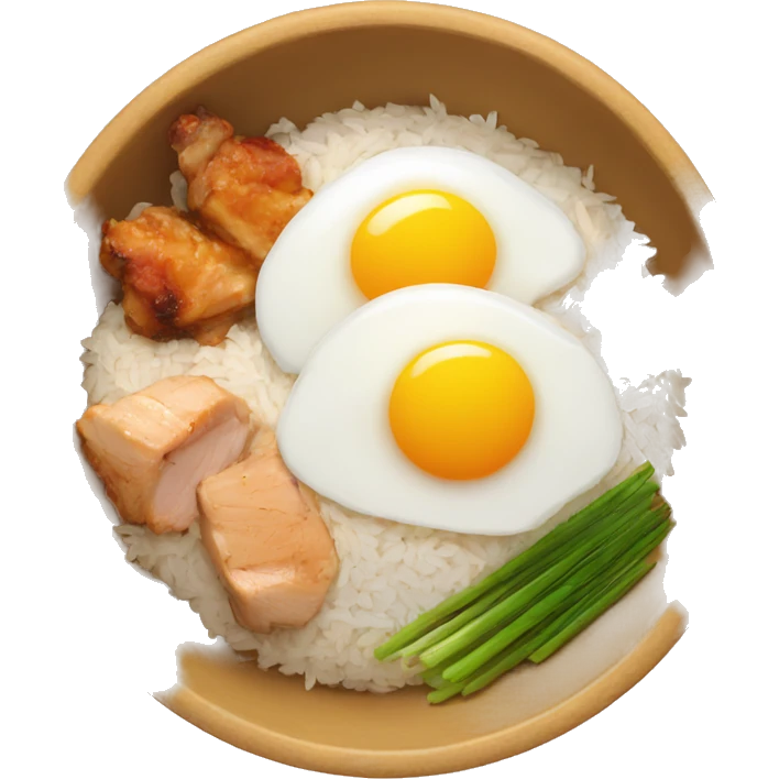 a bowl of rice with two eggs and chicken thigh emoji